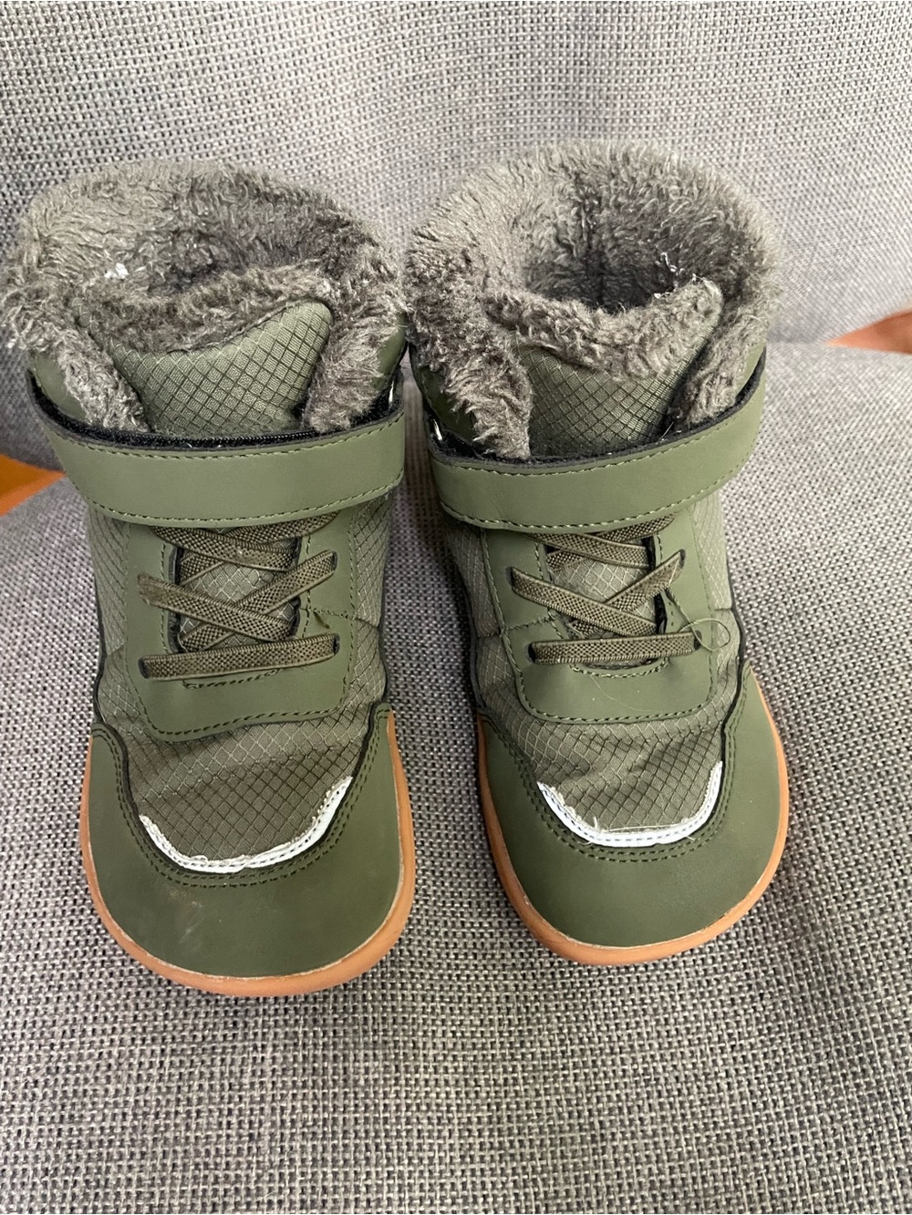 Kids Olive Green barefoot wide Faux-Fur Ankle Boots - Cozy Winter Shoes